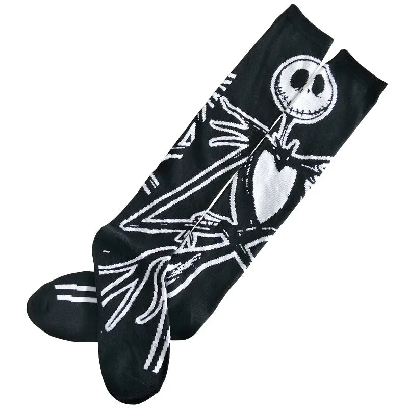 Gothic punk Harajuku star and moon knee socks with retro Y2K Ouija board design for women and girls, featuring black and white patterns.