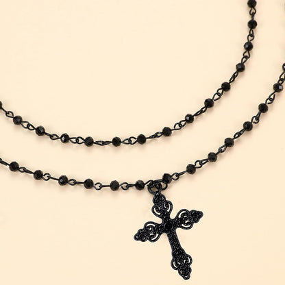 Layered Gothic cross necklace by Haceolhada featuring a punk choker style, perfect for Halloween, Christmas, or New Year outfits.