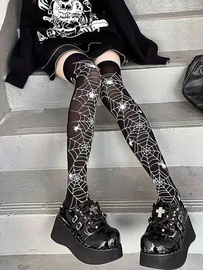 Gothic Big Spider Silk Stockings - Vintage Dark Fishnet Pantyhose for Emo & Alternative Styles