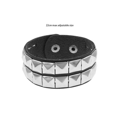 Black leather cuff bracelet with metal rivets, Gothic punk style, unisex accessory for men and women.