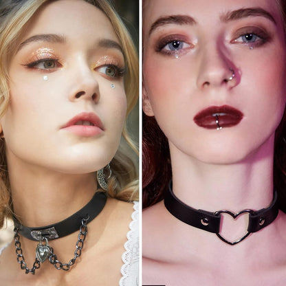 Edgy punk goth choker necklace set with heart spikes, adjustable PU collar by HAIAISO for bold women, featuring 6-9 piece spiked designs