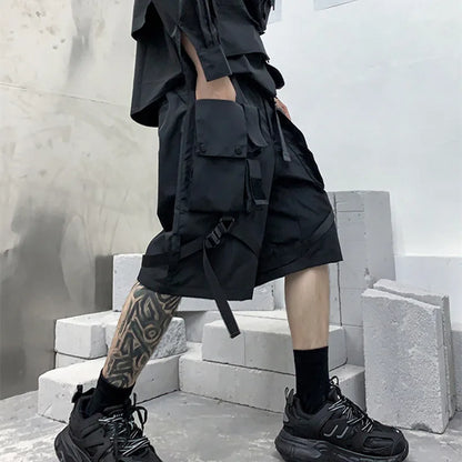 Black techwear cargo shorts with ribbon belt, multiple pockets, stylish Harajuku hip hop Bermuda for men, pressure-den design
