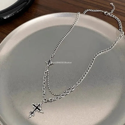 Silver metal Y2K grunge hip hop pendant necklace with back cross chain, unisex style, perfect for Halloween or street fashion.