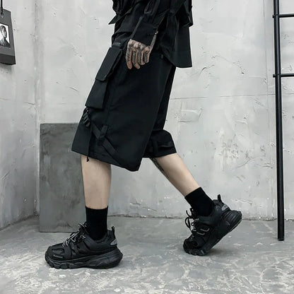 Men's techwear cargo shorts with ribbon belt, multi-pocket design, stylish Harajuku-inspired Bermuda for urban streetwear fashion