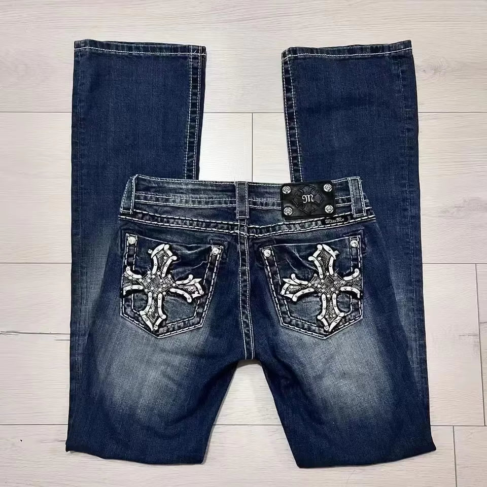 High waist Y2K Harajuku baggy jeans with retro wing embroidery, gothic wide trousers from PressureDen.store.