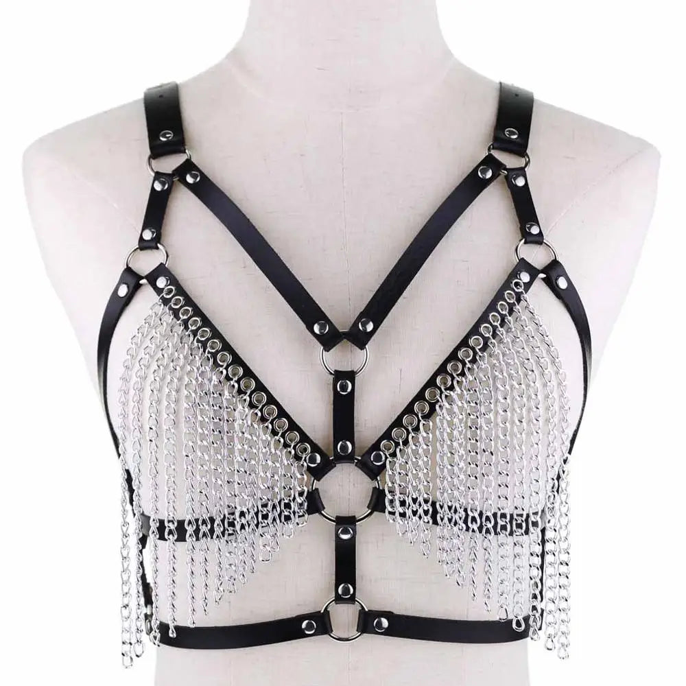 Leather Chain Harness Body Chain Bra Goth Punk Sexy Chain Top Women Body Jewelry Summer Festival Fashion Rave Outfit