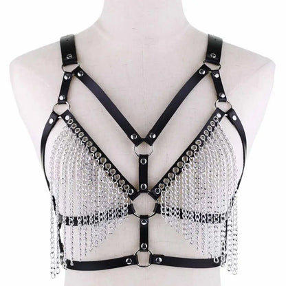 Leather Chain Harness Body Chain Bra Goth Punk Sexy Chain Top Women Body Jewelry Summer Festival Fashion Rave Outfit