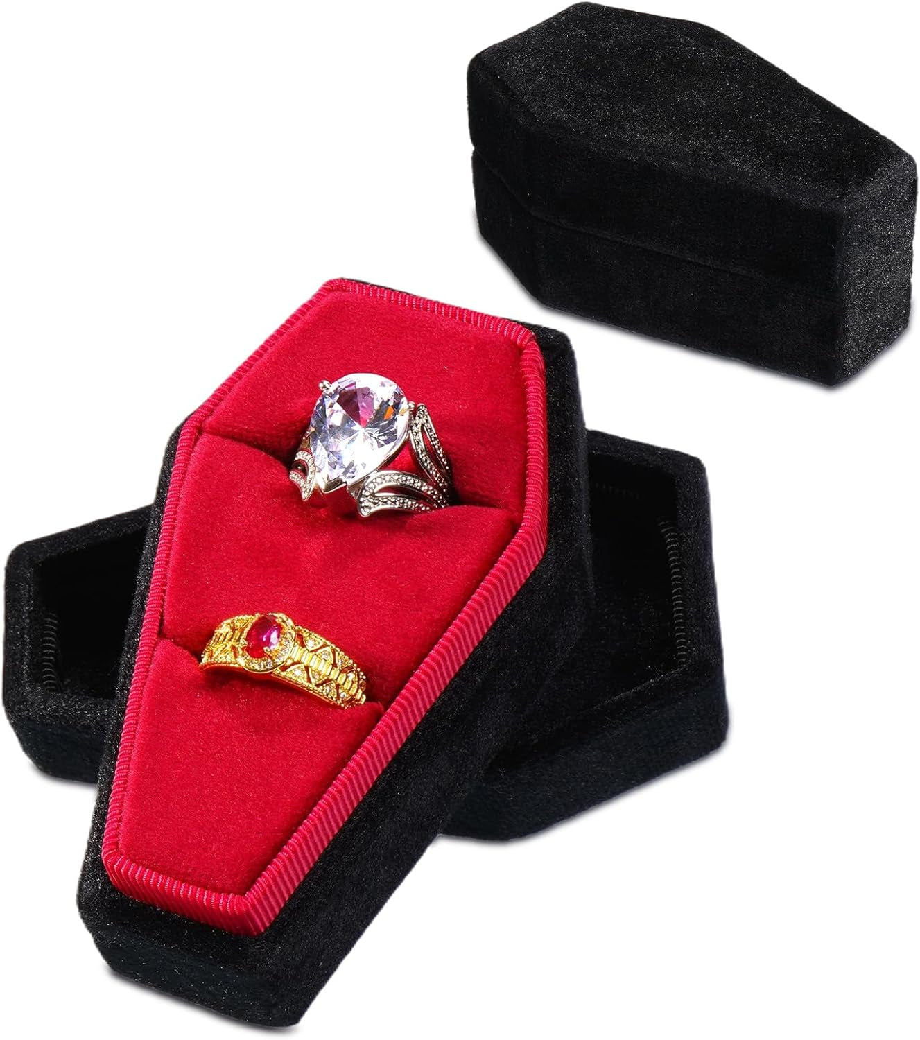 Elegant gothic coffin-shaped jewelry box by CVchancin, luxurious velvet ring case ideal for proposals and wedding jewelry storage.