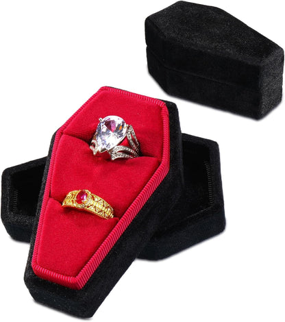 Elegant gothic coffin-shaped jewelry box by CVchancin, luxurious velvet ring case ideal for proposals and wedding jewelry storage.