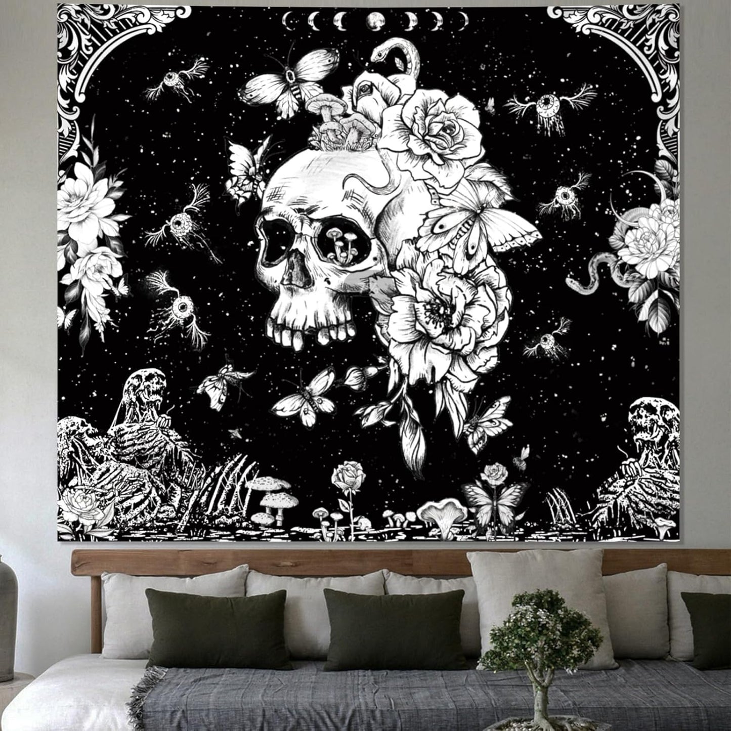 Black and White Gothic Tapestry for Bedroom Aesthetic, Skeleton Goth Witchy Tapestries Wall Hanging, Skull Floral Poster Backdrop for Living Gaming Room Dorm Decor 51In X 60In