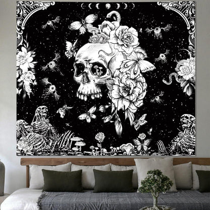 Black and White Gothic Tapestry for Bedroom Aesthetic, Skeleton Goth Witchy Tapestries Wall Hanging, Skull Floral Poster Backdrop for Living Gaming Room Dorm Decor 51In X 60In