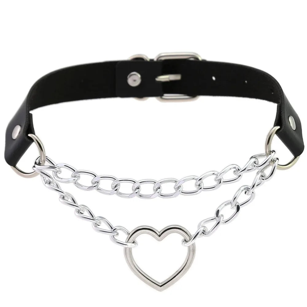 Black leather gothic heart choker necklace with chain detail, perfect for punk and emo style accessories.