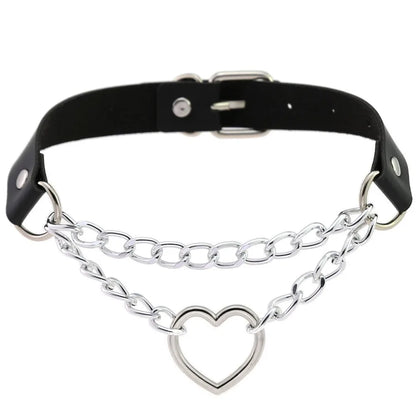 Black leather gothic heart choker necklace with chain detail, perfect for punk and emo style accessories.