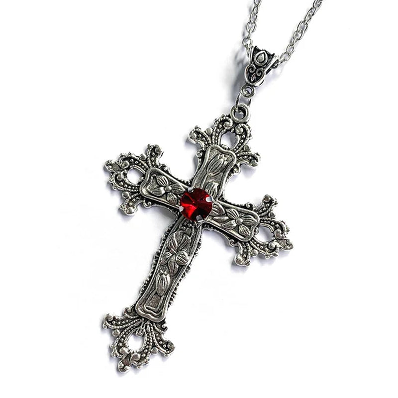 Vintage Baroque cross pendant necklace on gothic grunge chain, unisex Y2K style jewelry with intricate details.