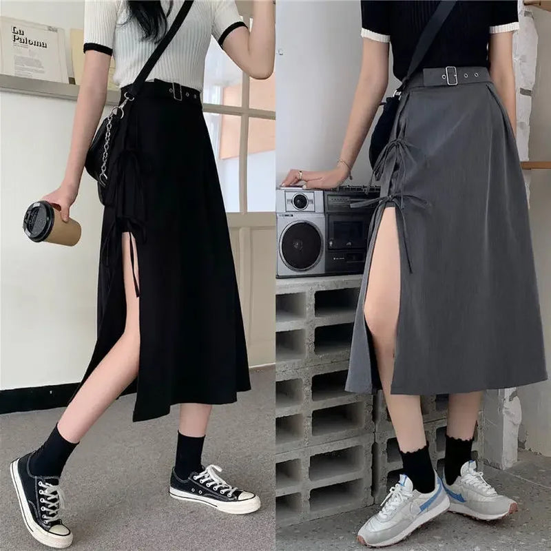 Dark gothic high split mid-calf skirt for women, elegant vintage style, perfect for parties and streetwear fashion.