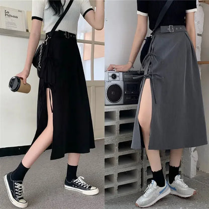 Dark gothic high split mid-calf skirt for women, elegant vintage style, perfect for parties and streetwear fashion.