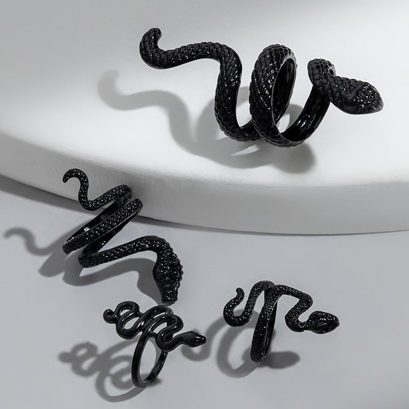Adjustable black snake rings set by ONBRIG featuring vintage gothic punk jewelry for women, perfect as Halloween accessories.