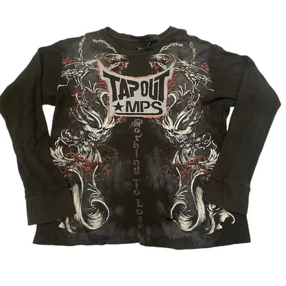 Y2K oversized retro skull graphic long sleeve T-shirt for men and women, featuring goth Harajuku autumn style from PressureDen.