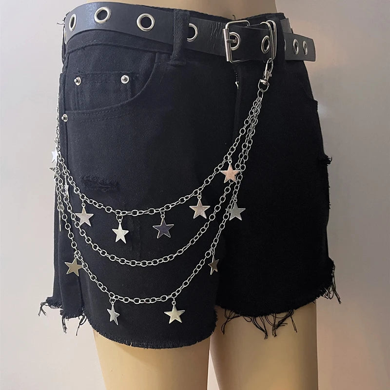 Layered punk spike and chain keychains for men and women, featuring edgy designs ideal for biker, goth, and jeans accessories.