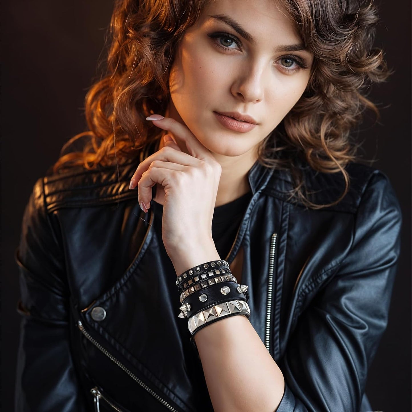 YUXIANLB edgy 3-piece punk rock studded bracelet set with adjustable spiked cuffs for emo and goth fashion style.