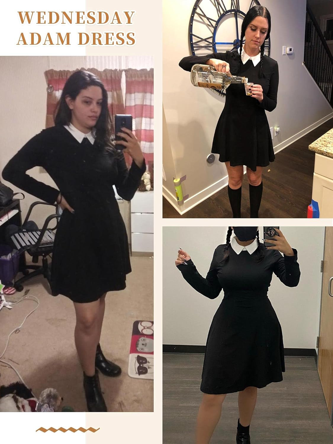 Black women's long sleeve dress with Peter Pan collar, Wednesday Addams-inspired costume from PressureDen.store.