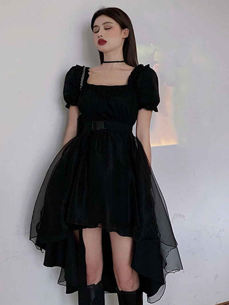 Y2K Harajuku gothic dress by PressureDen.store with ruffles and mini length, perfect for kawaii and fairycore fashion styles.