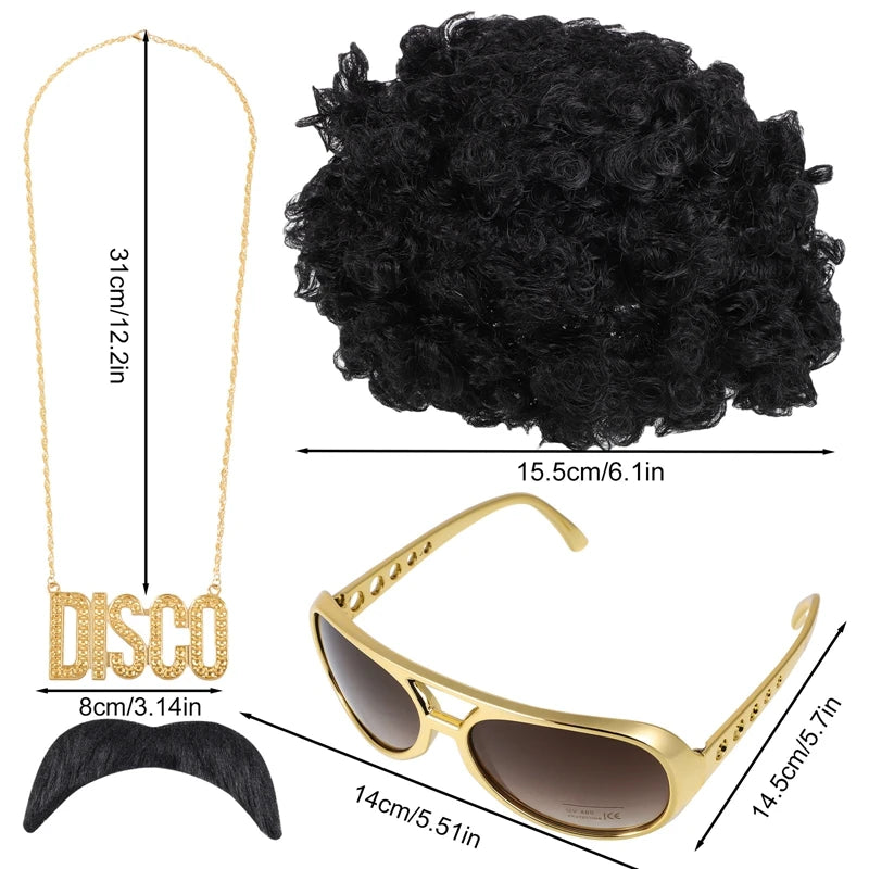 Step Back in Time: Retro Costume Jewelry Set with Afro Wig, Sunglasses & Necklace – Ultimate 80s Style Accessories for Men at 50s, 60s, and 70s Theme Parties!