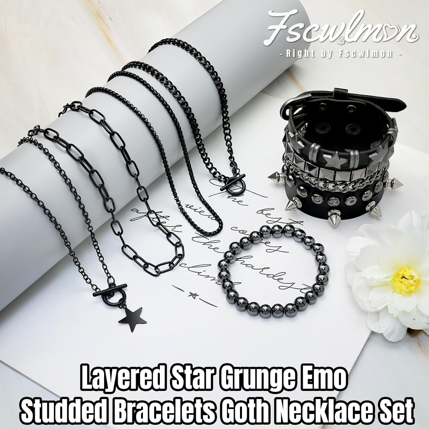 Layered star grunge emo bracelet and necklace set with gothic punk style, featuring black and silver accessories for Y2K fashion.