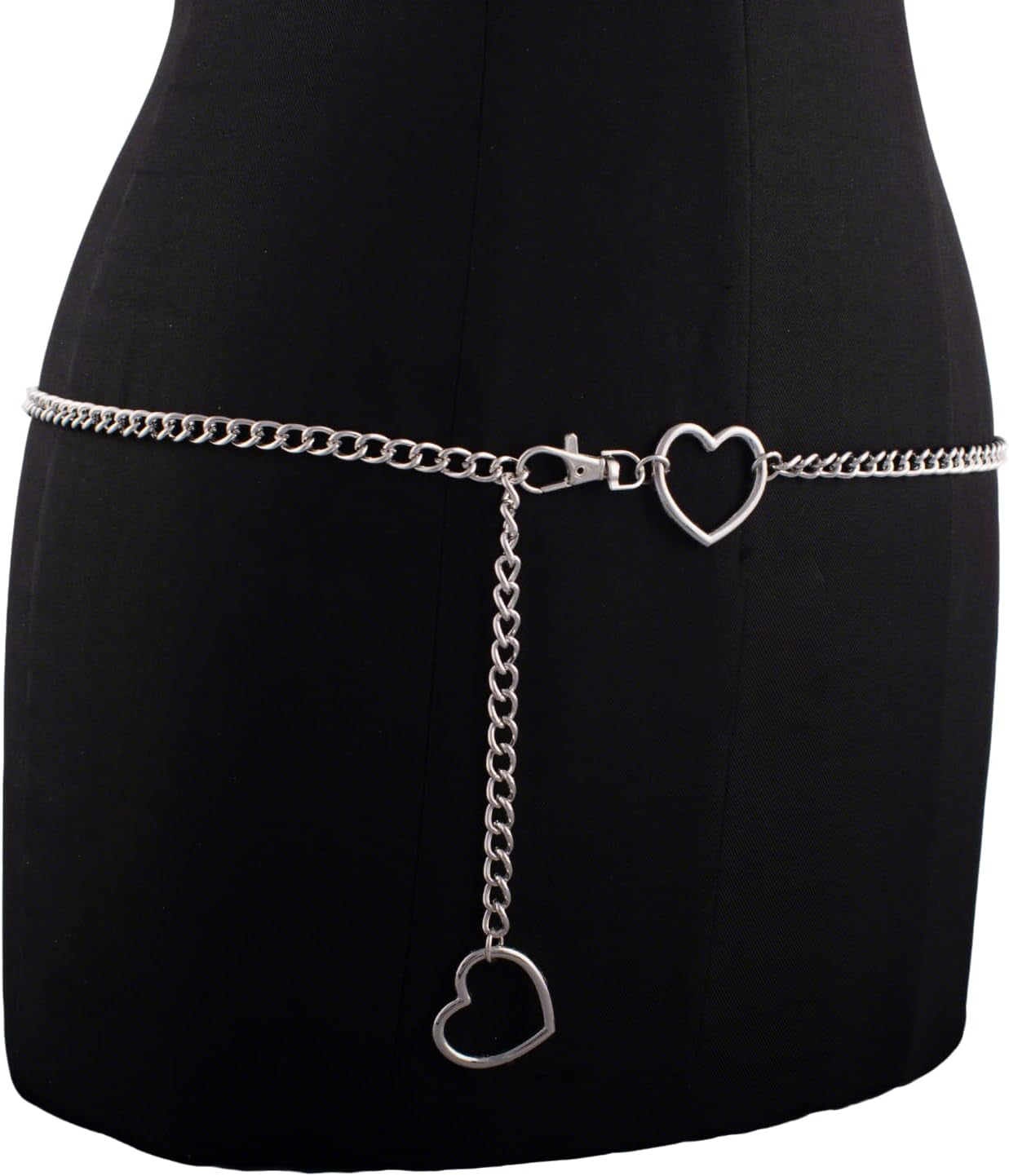 Adjustable FNQUFUJ vintage heart waist chain jewelry worn over a dress or jeans, featuring a stylish vintage heart design.