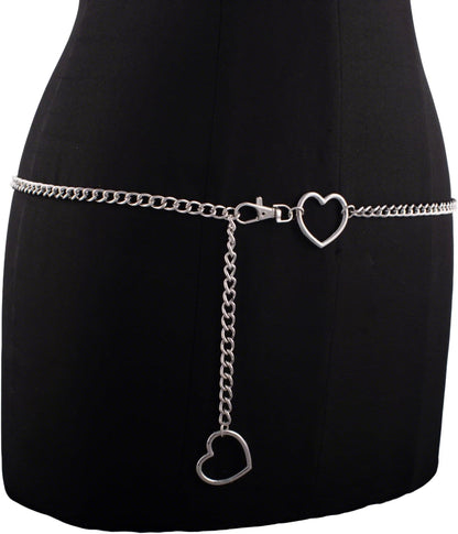 Adjustable FNQUFUJ vintage heart waist chain jewelry worn over a dress or jeans, featuring a stylish vintage heart design.