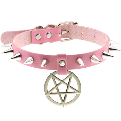 Black PU leather choker with heart rivets, Y2K goth punk necklace from PressureDen.store, trendy accessory for girls.