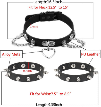 Tosmifairy black faux leather choker necklace with FFFFF chain, gothic fashion accessory, close-up view on a white background