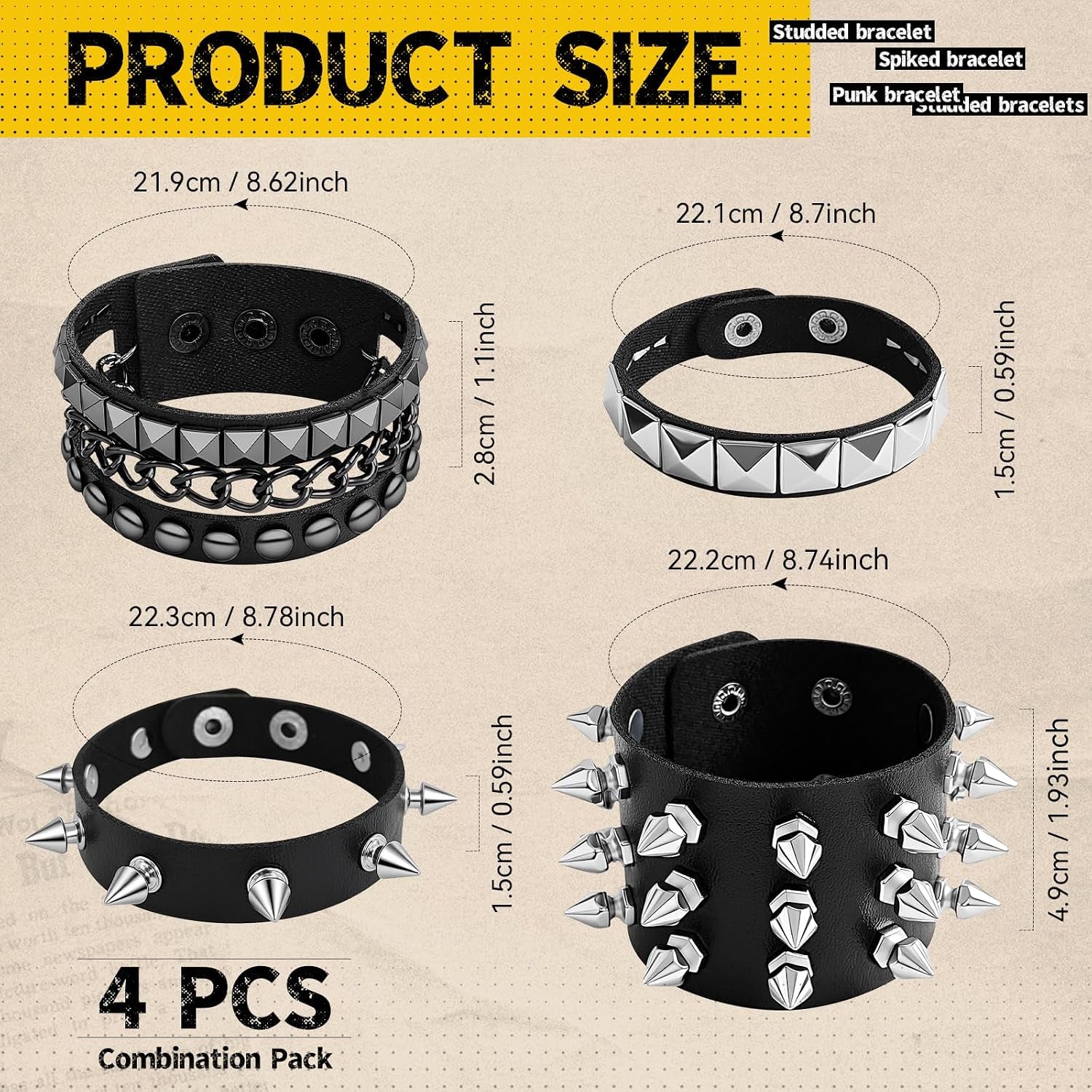 Spike Bracelet for Men & Women | Adjustable Black Leather Punk Bracelets with Studs & Rivets | Goth Rock Biker Wristband