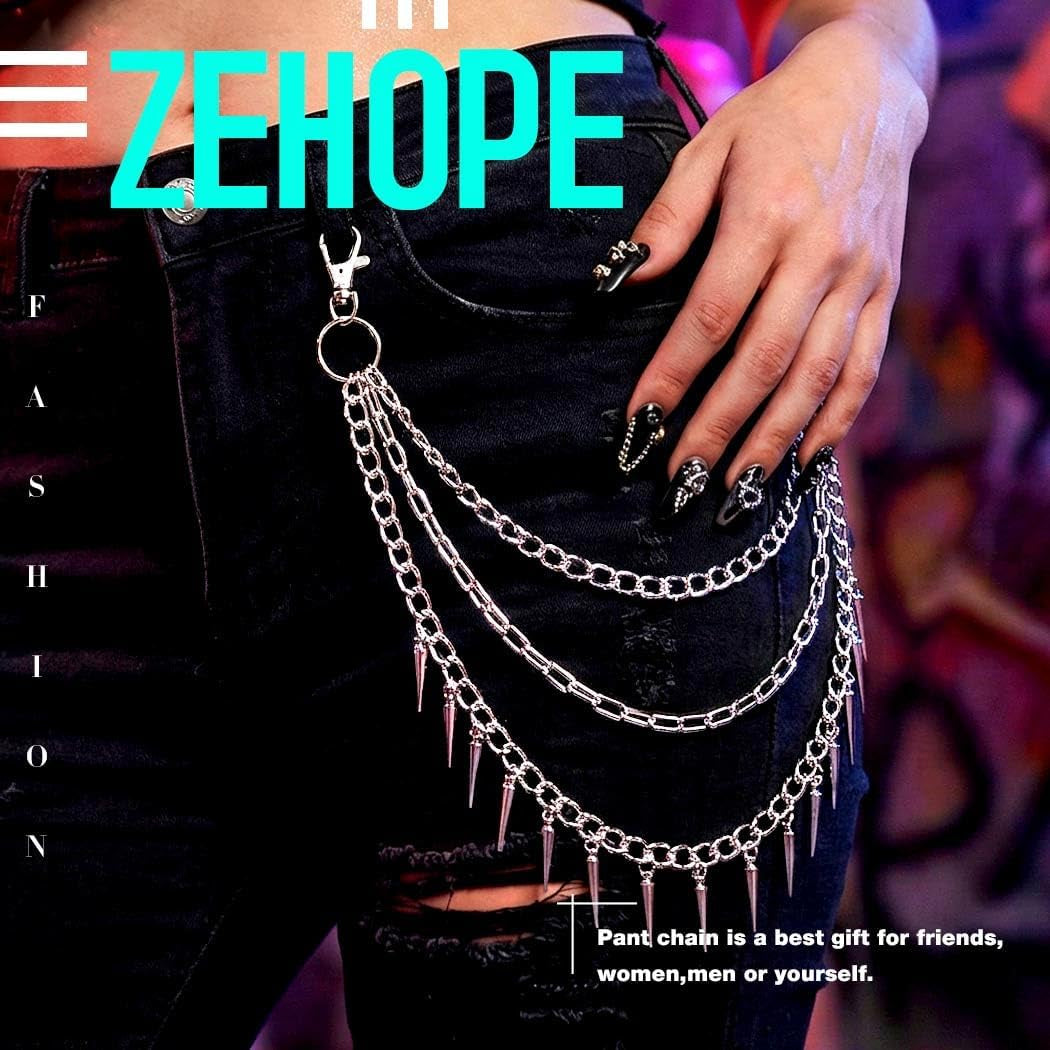 Goth Pants Chain Silver Layered Jeans Chain Punk Rivet Wallet Chain Belt for Women and Men