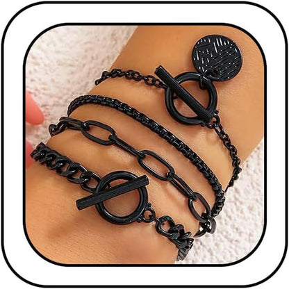Stackable black bracelets set by SAVNOJW featuring gold coins and vintage chains, ideal for Gothic, Y2K, or Halloween accessories.