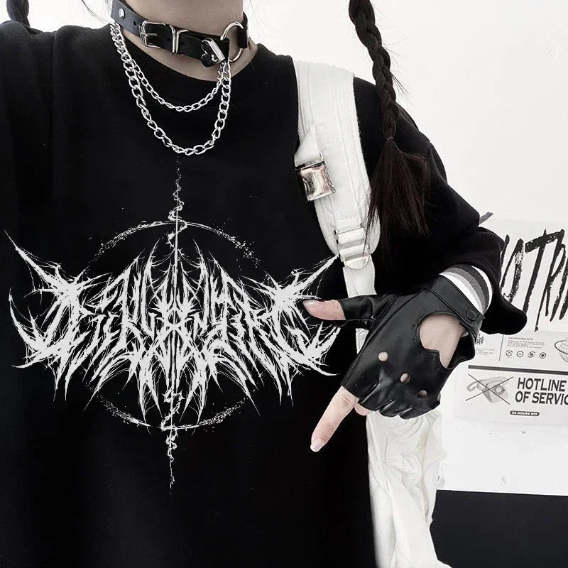 Vintage 90s hip hop kawaii T-shirt for women with lightning letter print, featuring Y2K goth punk casual style from PressureDen.store