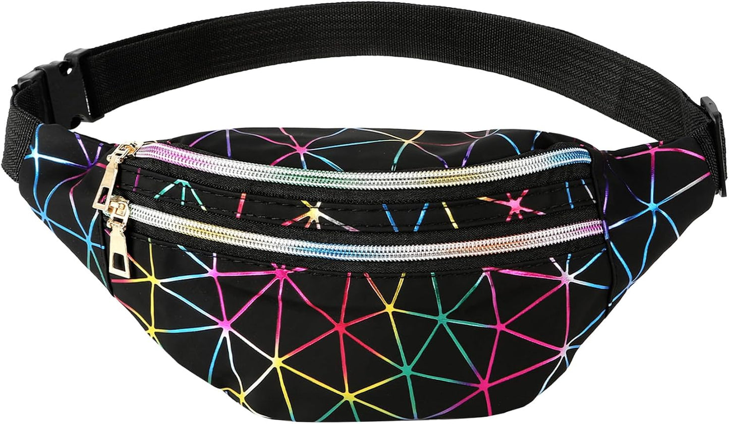 Holographic black fanny pack for women by Bicfuiot, waterproof waist bag with adjustable belt, ideal for parties and festivals.