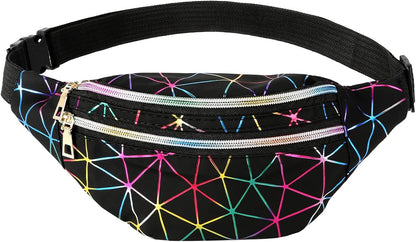 Holographic black fanny pack for women by Bicfuiot, waterproof waist bag with adjustable belt, ideal for parties and festivals.