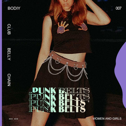Brown heart-shaped PU leather waist chain belt by BODIY, trendy rave accessory for women and girls, shown on a model.