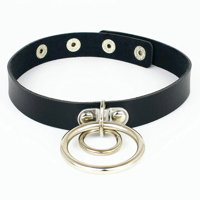 Gothic black leather choker necklace with edgy spikes, perfect for punk, festival, or party fashion statements.