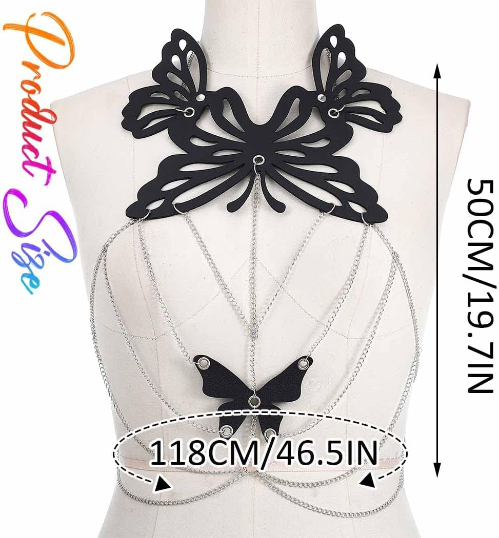 Black Chain Harness Leather Chest Chain Bra Goth Body Chain Jewelry for Women
