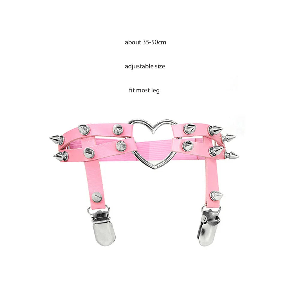 Sexy Leather Heart Belt Elastic Leg Thigh Garter Girl Women Harness Goth Accessories Black Gothic Rivet Punk Anklet