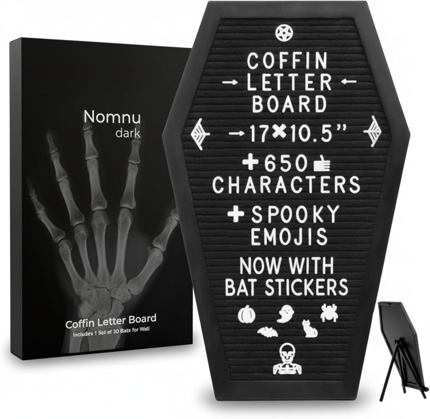 Coffin Letter Board Black +3D Bat Stickers +650 Characters, Spooky Seasonal Emojis, Wooden Stand - 17X10.5 Inches - Coffin Shaped Goth Decor Sign Halloween Decorations Gothic Decor Birthday Home Spooky Gifts