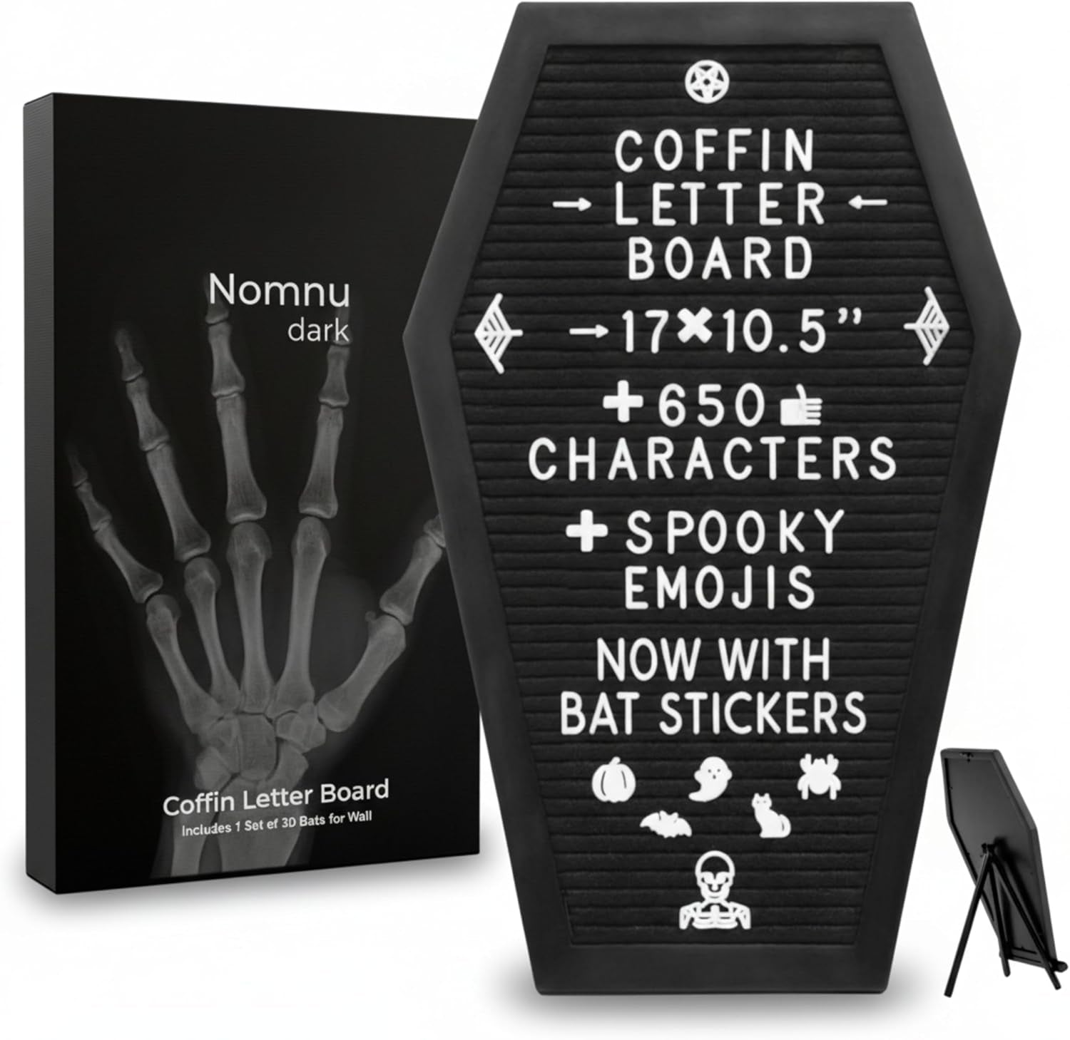 Coffin Letter Board Black +3D Bat Stickers +650 Characters, Spooky Seasonal Emojis, Wooden Stand - 17X10.5 Inches - Coffin Shaped Goth Decor Sign Halloween Decorations Gothic Decor Birthday Home Spooky Gifts