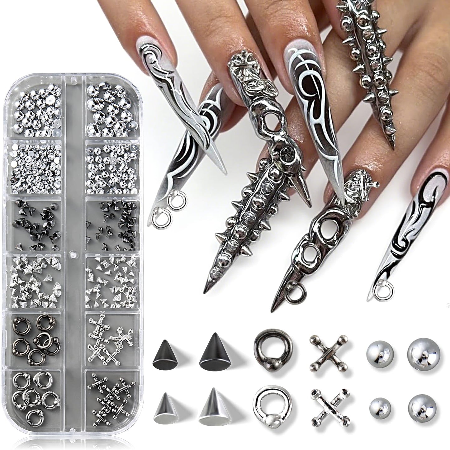 Black and silver gothic punk nail charms with 3D triangle and spike designs, perfect for edgy DIY Y2K nail art.