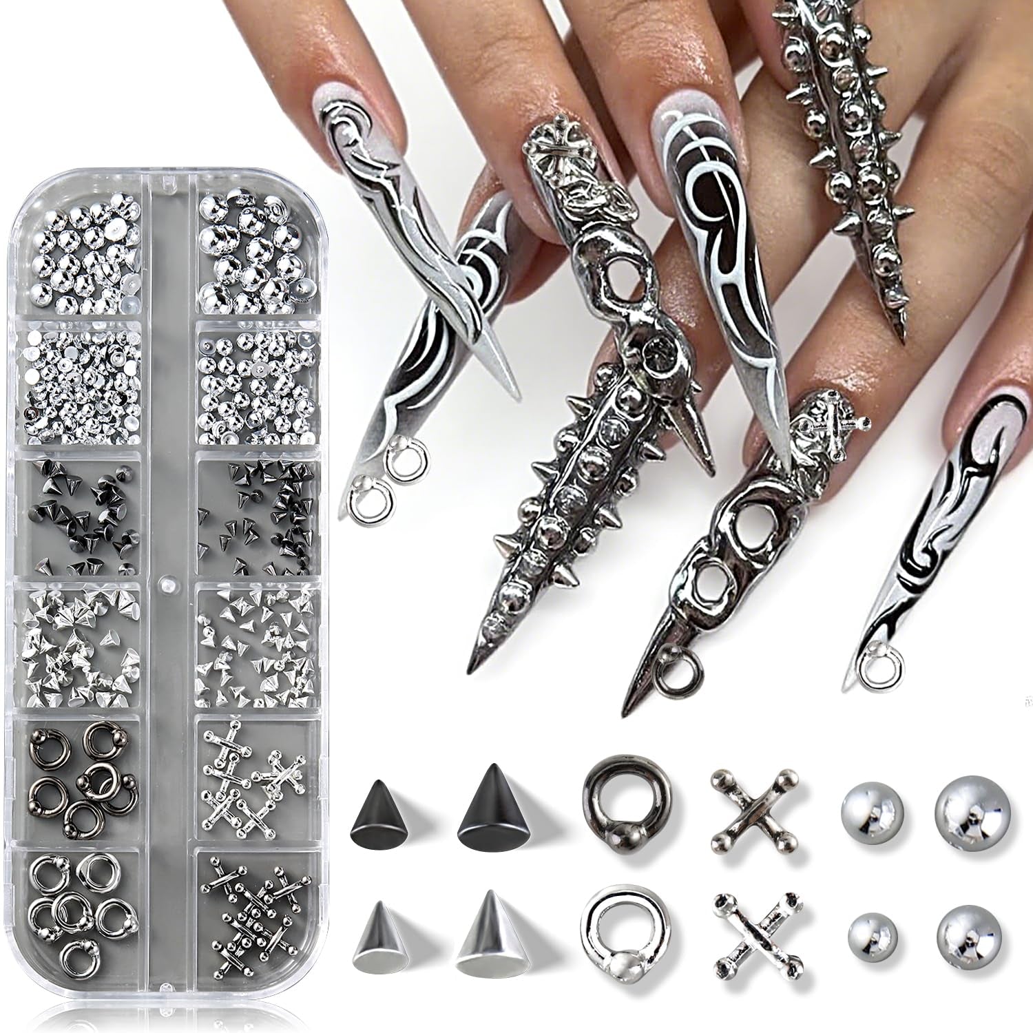 Black and silver gothic punk nail charms with 3D triangle and spike designs, perfect for edgy DIY Y2K nail art.