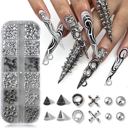 Black and silver gothic punk nail charms with 3D triangle and spike designs, perfect for edgy DIY Y2K nail art.