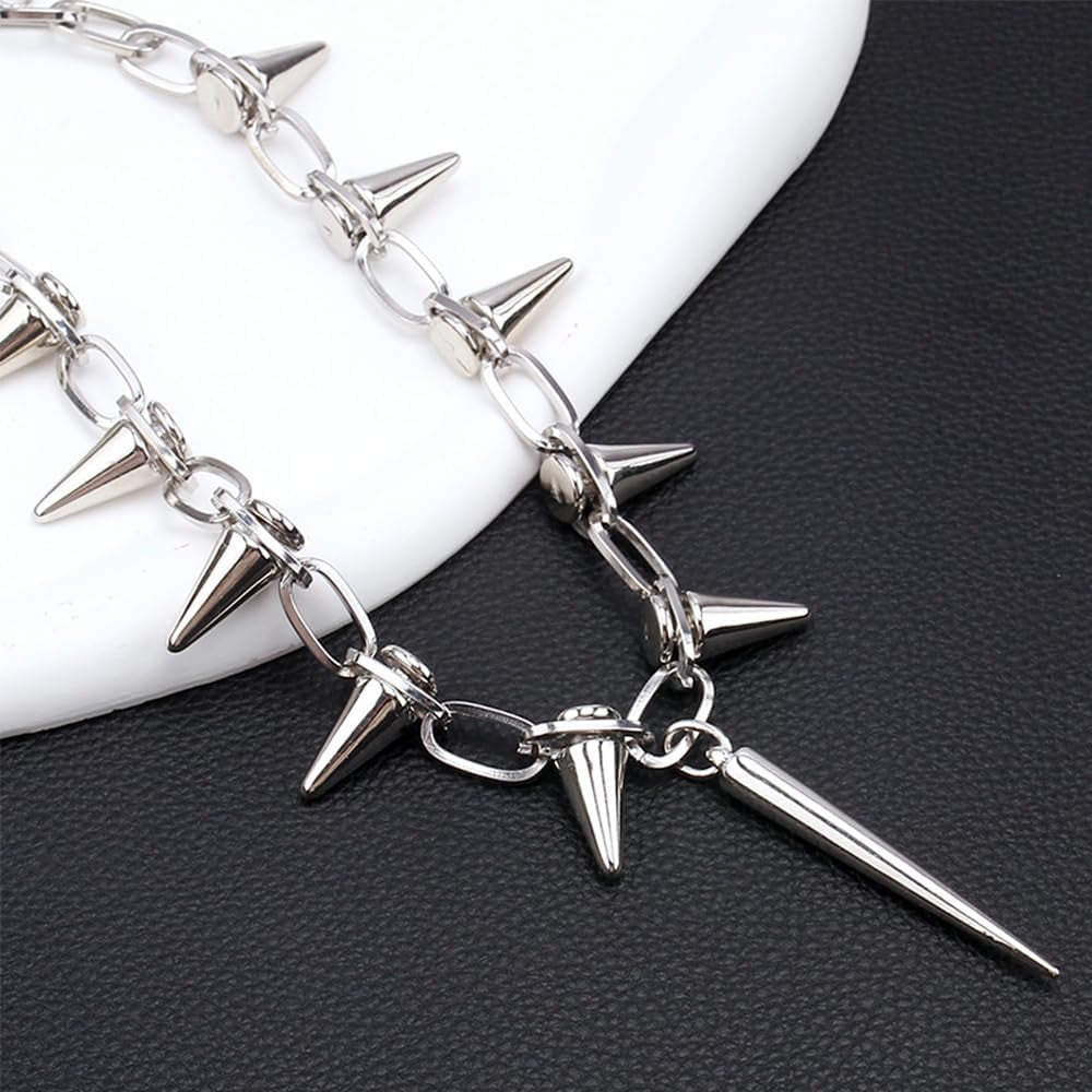 Silver spiked choker necklace by Egfyqzbryn featuring goth rivets and chains, ideal for parties and night club fashion.