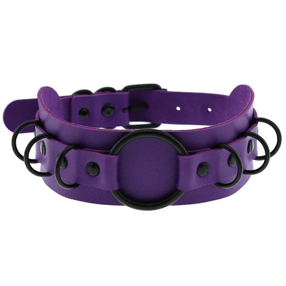 Purple goth punk leather choker necklace with black rivets and metal chain, unisex edgy emo Harajuku style accessory.
