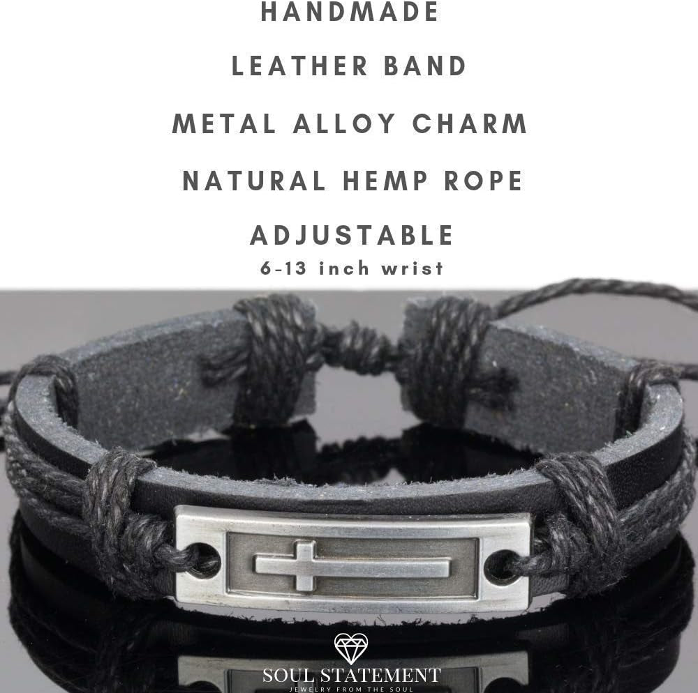 Stylish men's leather cross bracelet by Soul Statement, adjustable Christian faith wristband for teens and men.